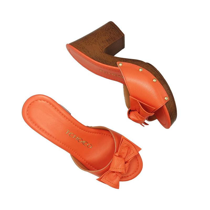 Tamanco Tchocco Salto Grosso Couro Legítimo Laranja Retrô Cor